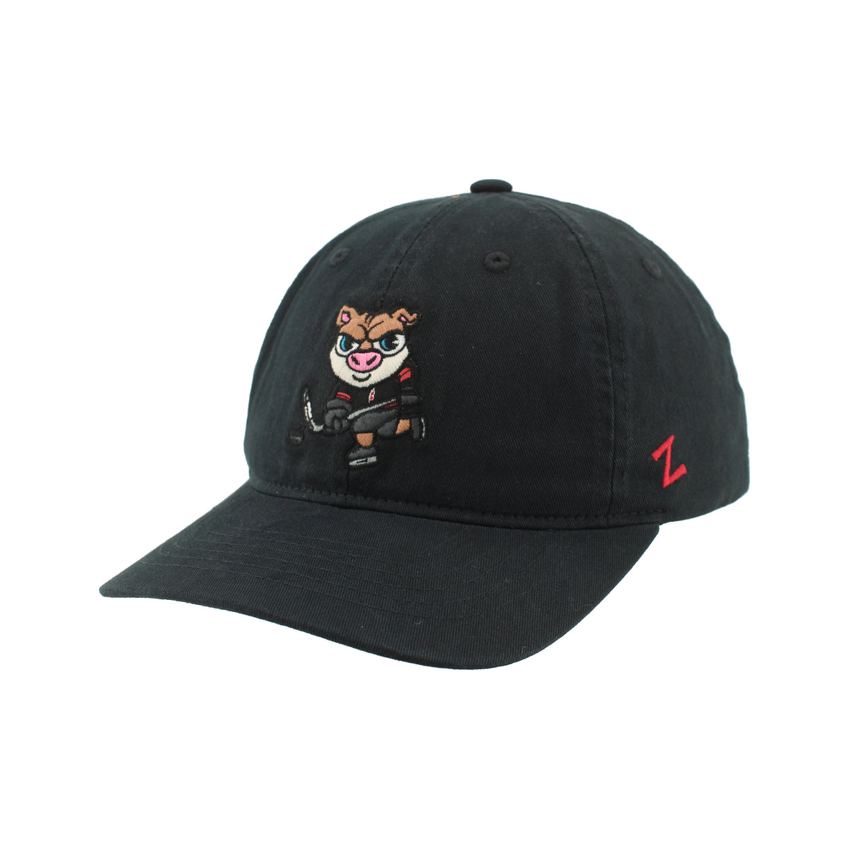 Front Left: Black hat featuring artwork of cartoon Stormy on front