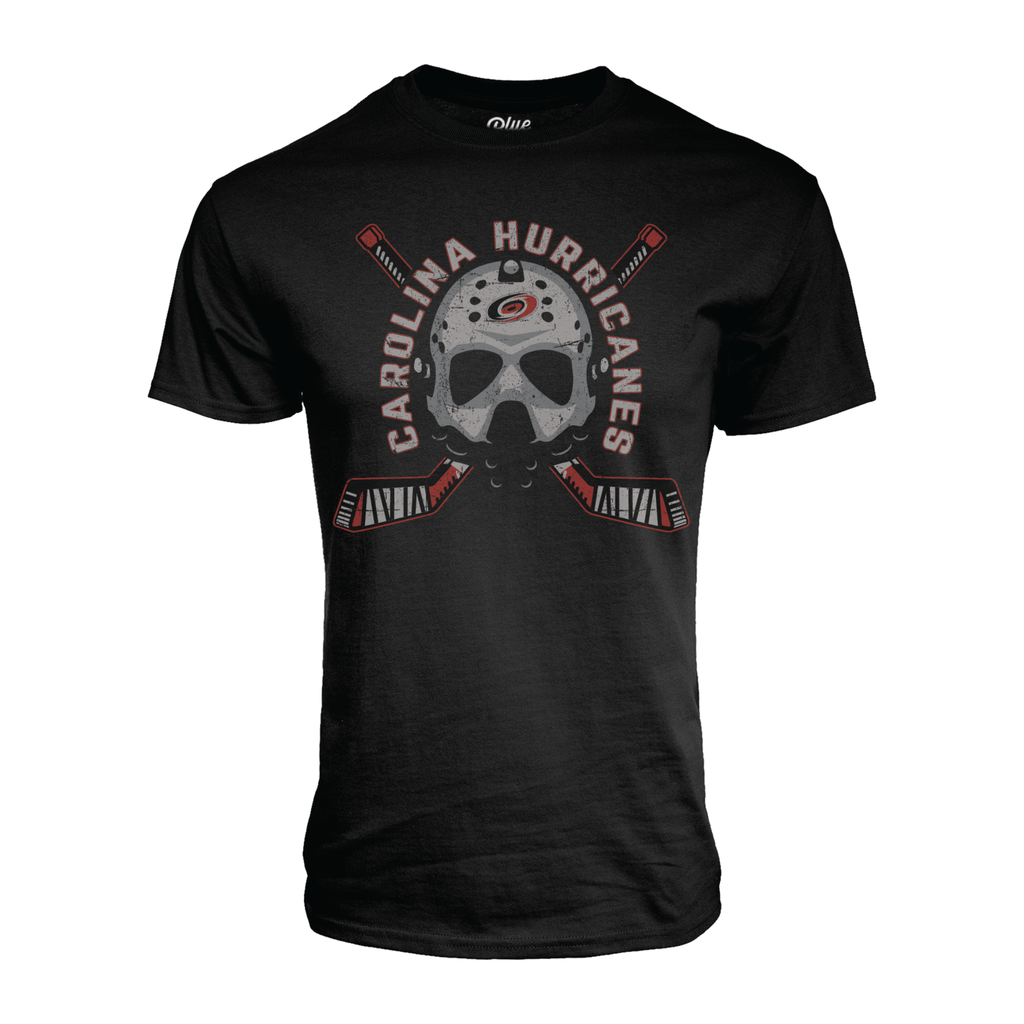 Black tee, "CAROLINA HURRICANES" arched around vintage goalie mask, cross sticks behind mask