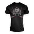 Black tee, "CAROLINA HURRICANES" arched around vintage goalie mask, cross sticks behind mask