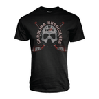 Black tee, "CAROLINA HURRICANES" arched around vintage goalie mask, cross sticks behind mask