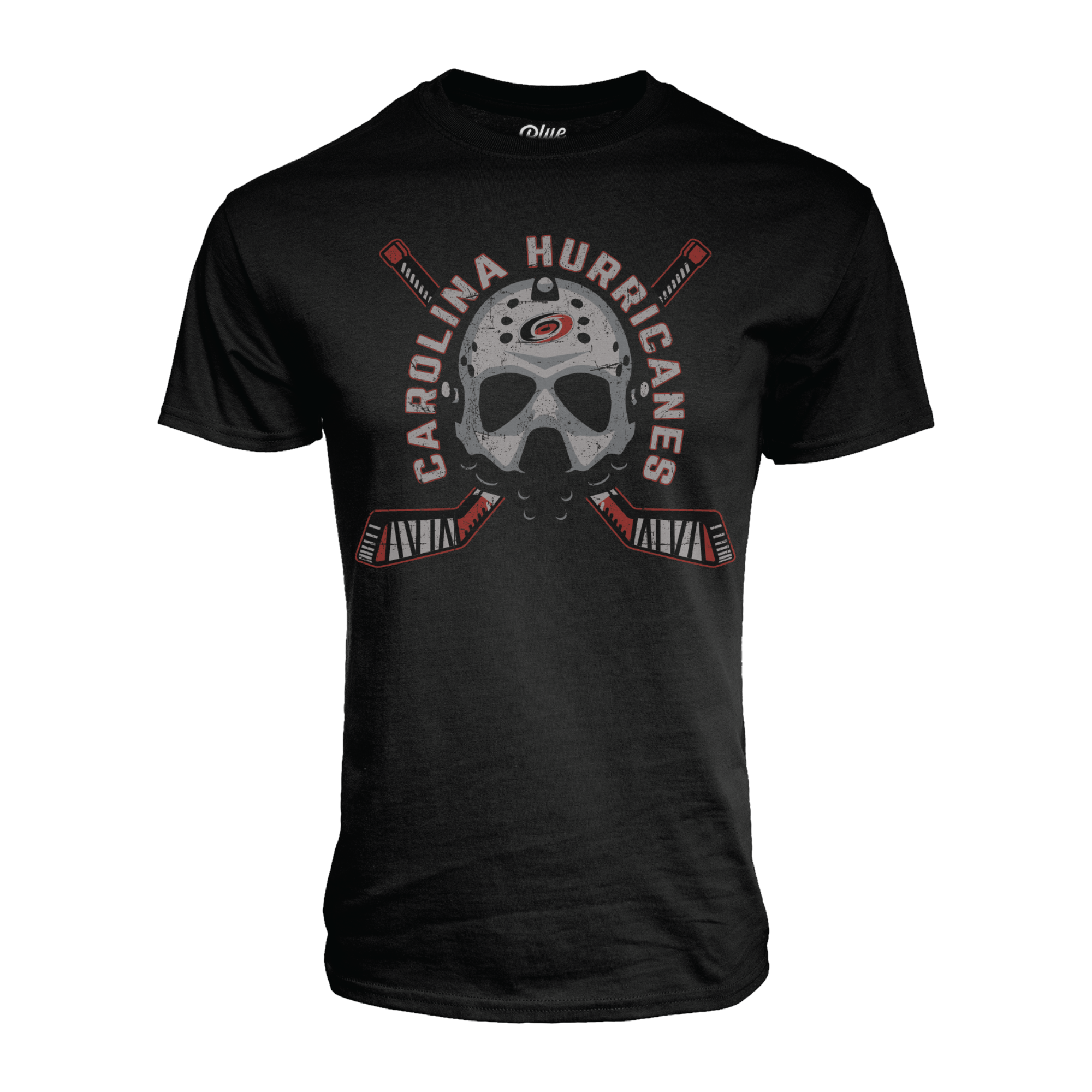 Black tee, "CAROLINA HURRICANES" arched around vintage goalie mask, cross sticks behind mask