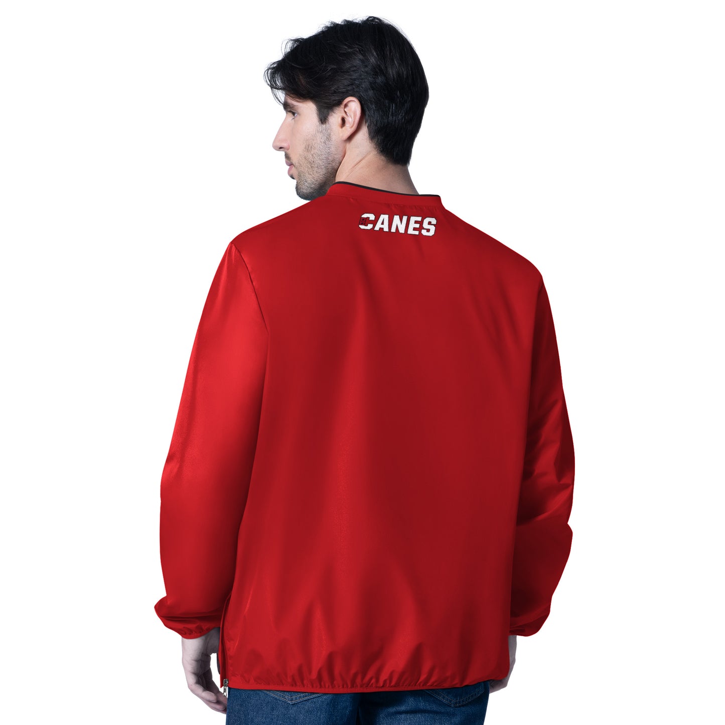 Back: Red pullover, "CANES" wordmark at neckline