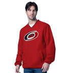 Front: Red v-neck pullover with pouch pocket, Primary logo on chest