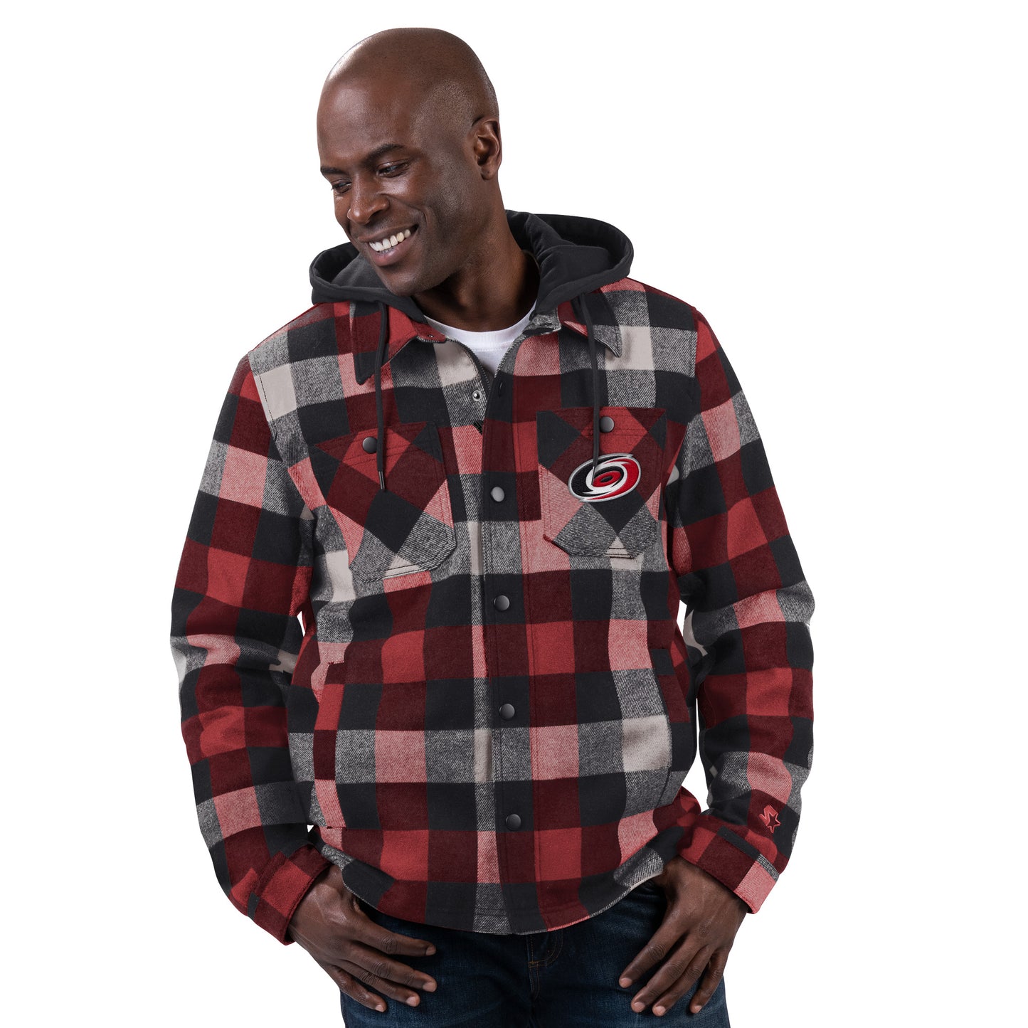 Front: Red, white, black plaid jacket with hood, sherpa lining, Primary logo on chest