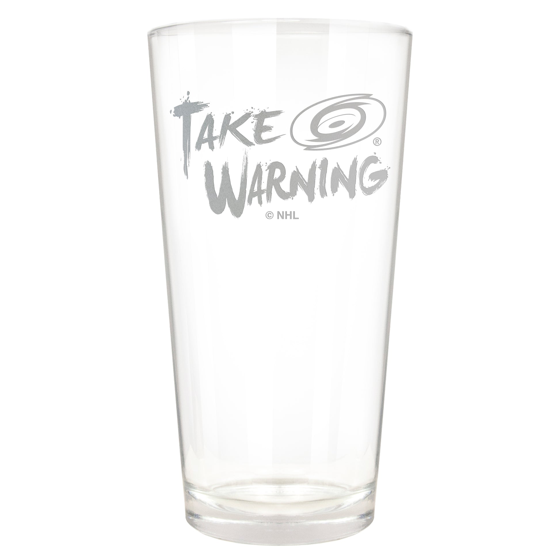Pint glass that says "Take Warning" with Hurricanes logo