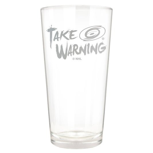 Pint glass that says "Take Warning" with Hurricanes logo