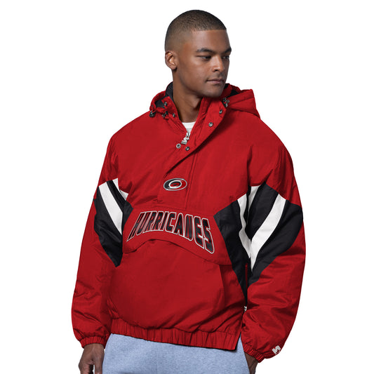 Front: Red half-zip with black/white trim, Primary logo and "HURRICANES" at mid-level of jacket