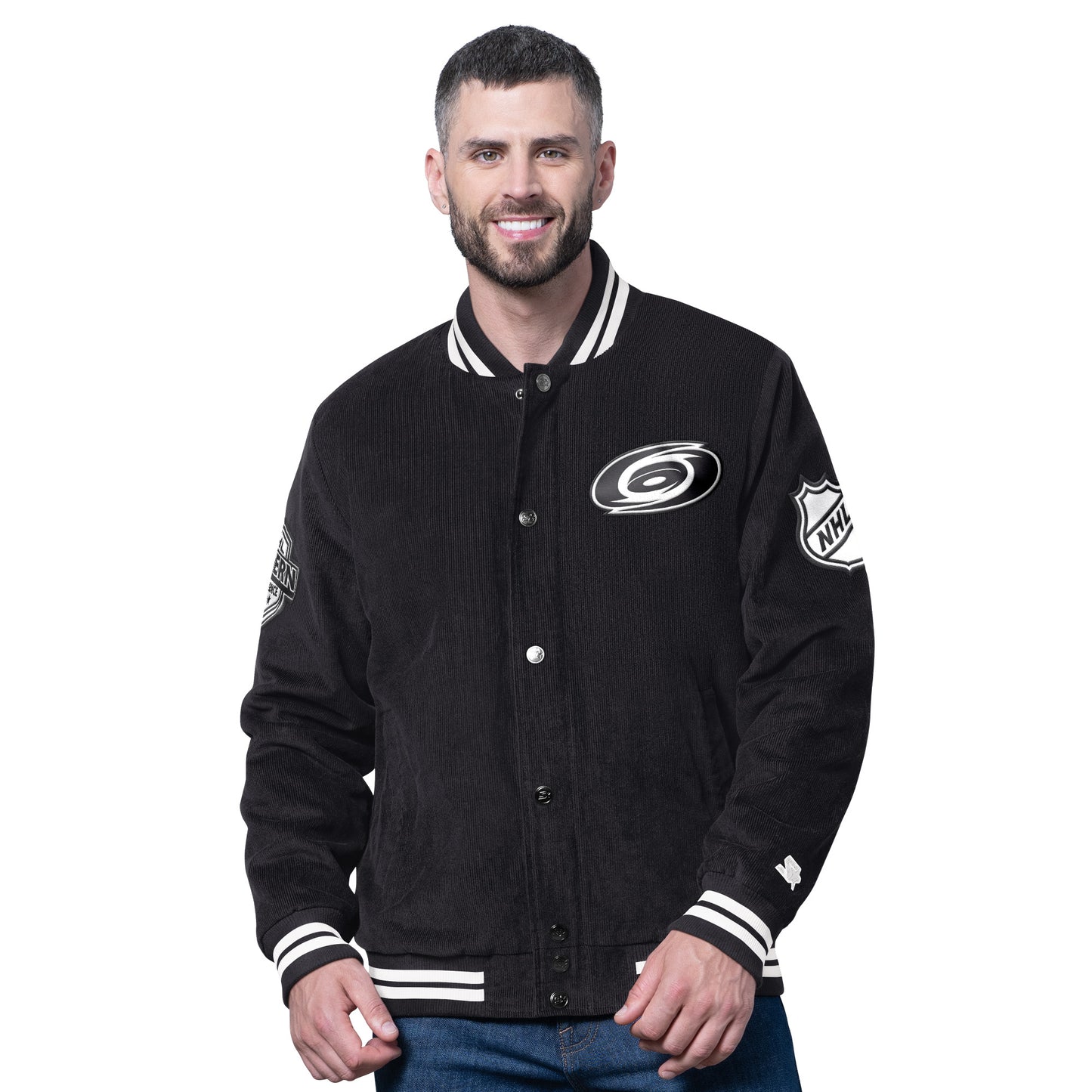 Front: Black varsity jacket with white trim, black/white Primary logo on left chest