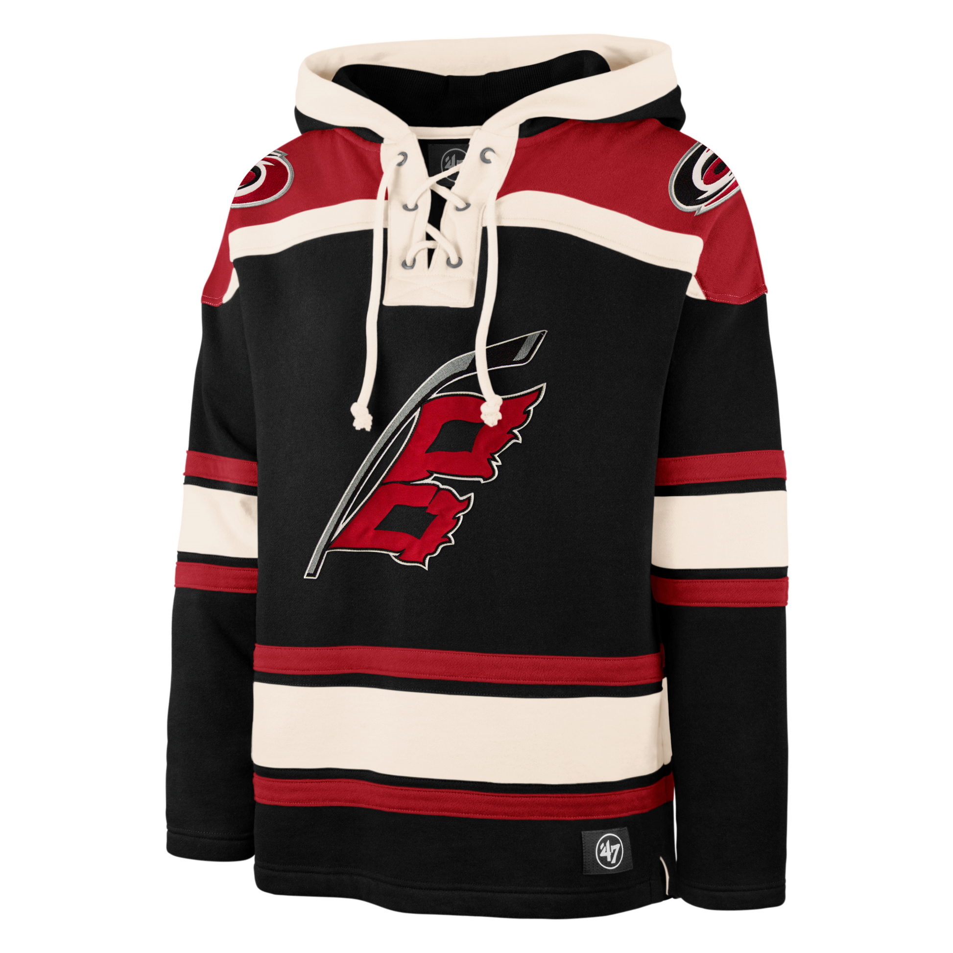 Front: Black red and white lacer hoodie with Flag logo on front, primary logo on shoulders