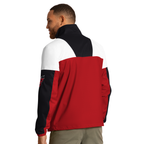 Back: Red/white/black half-zip, Flags logo on left sleeve