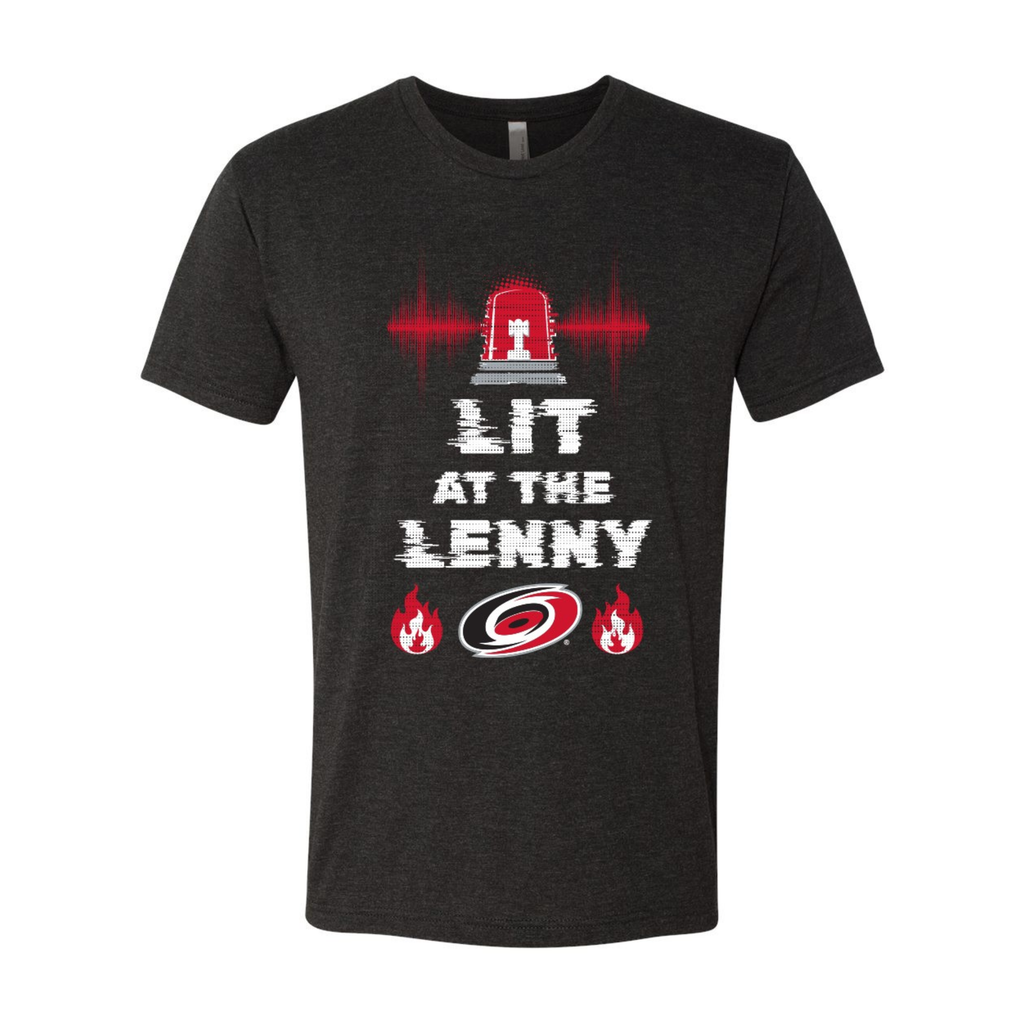 Black tee, "LIT AT THE LENNY" in white with Primary logo, Fire emojis beneath wording, Siren above