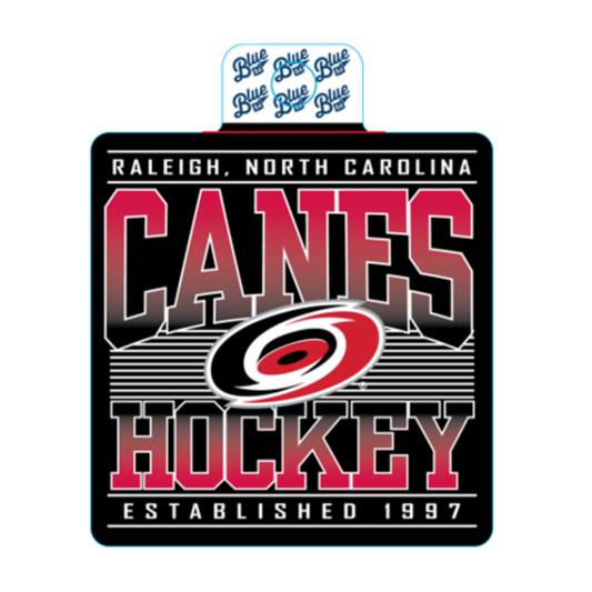 Black sticker, "CANES HOCKEY" in red/black gradient, "Raleigh, North Carolina Established 1997" in white