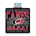 Black sticker, "CANES HOCKEY" in red/black gradient, "Raleigh, North Carolina Established 1997" in white