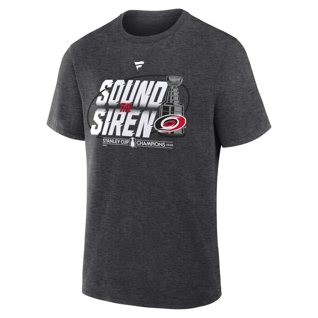 Front: Gray tee, "SOUND THE SIREN" in white/red with SCC wordmark, Stanley Cup with Primary logo