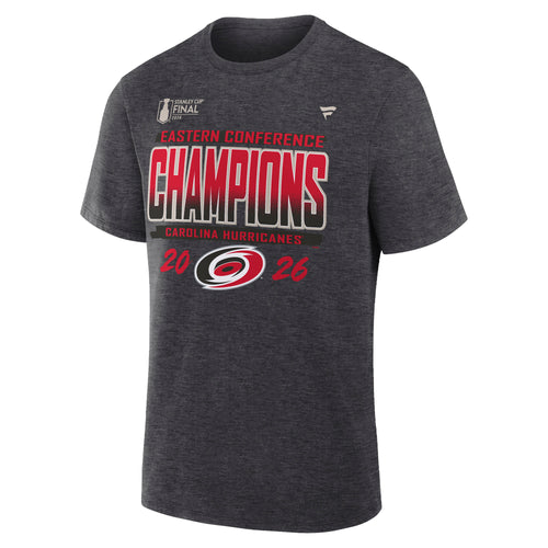 Front: Charcoal Grey tee, "EASTERN CONFERENCE CHAMPIONS" in red/black across chest, Primary logo/"2026" beneath