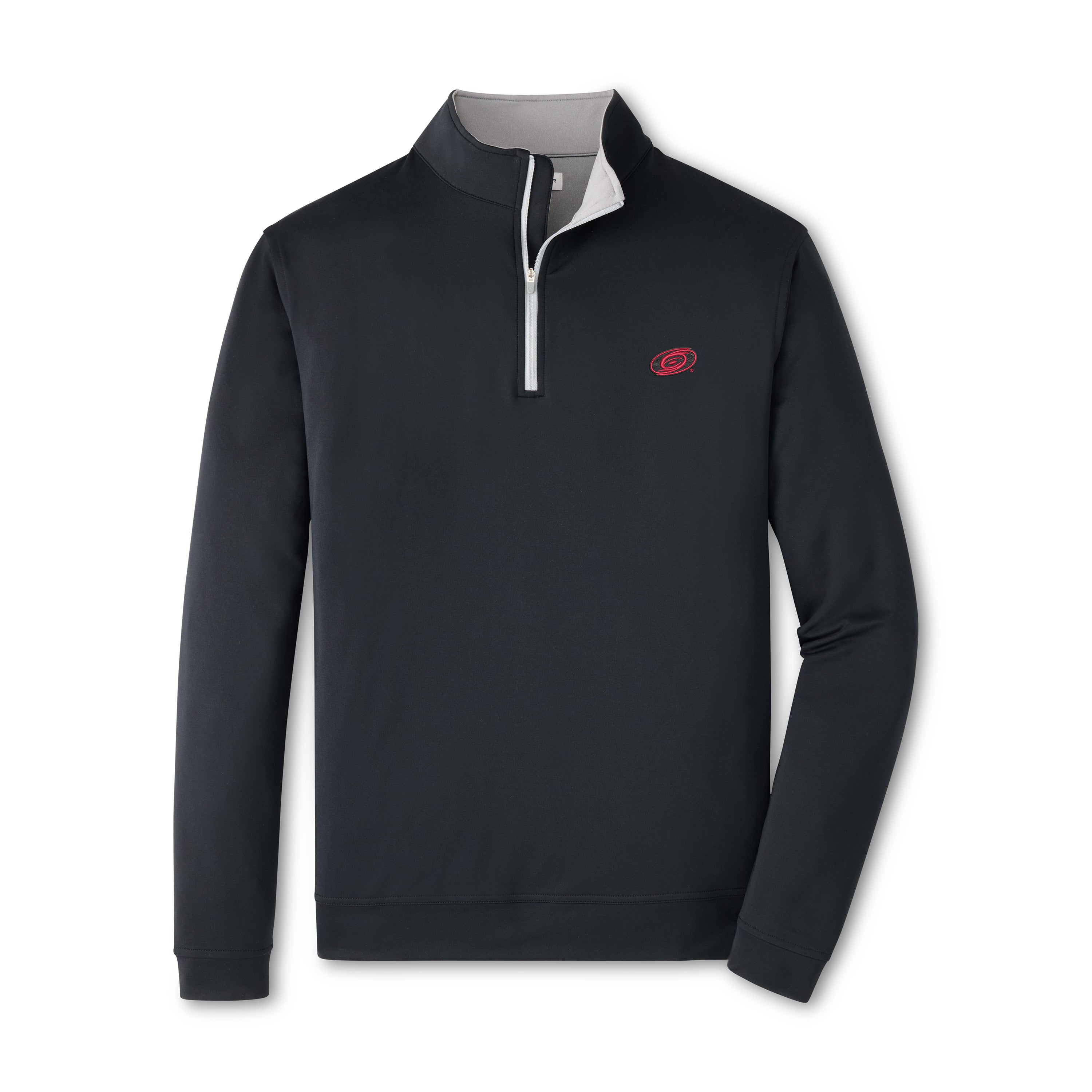 Black quarter-zip with white zipper, Tonal logo on left chest
