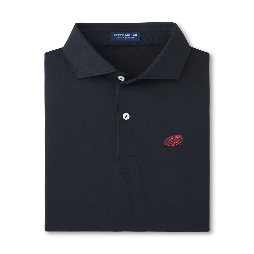 Black polo with white buttons, Tonal logo on left chest