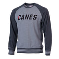 Light gray crewneck with dark gray sleeves, "CANES" wordmark across chest