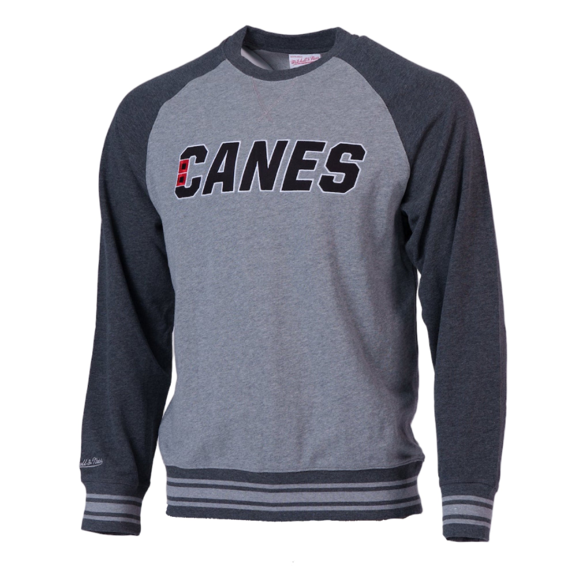 Light gray crewneck with dark gray sleeves, "CANES" wordmark across chest