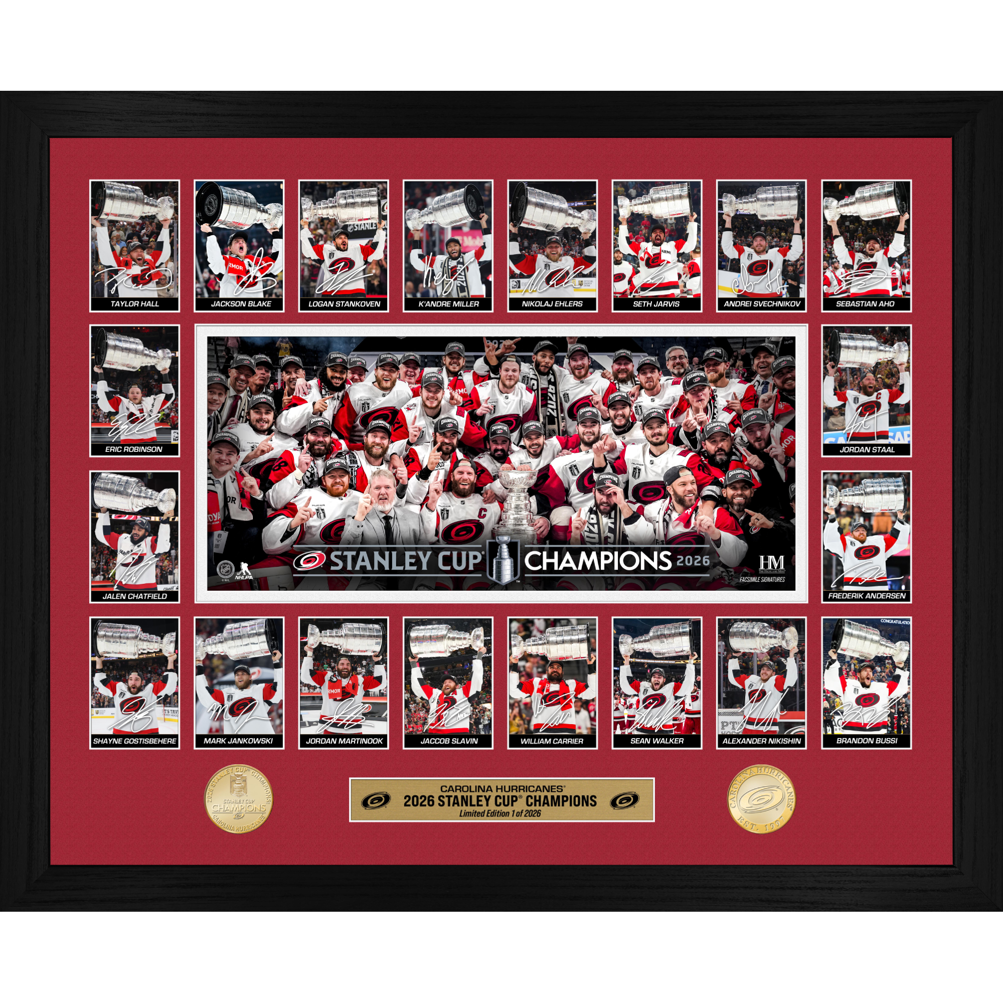 Black-framed photo of Cup Champs photo and collage of each player raising the Cup