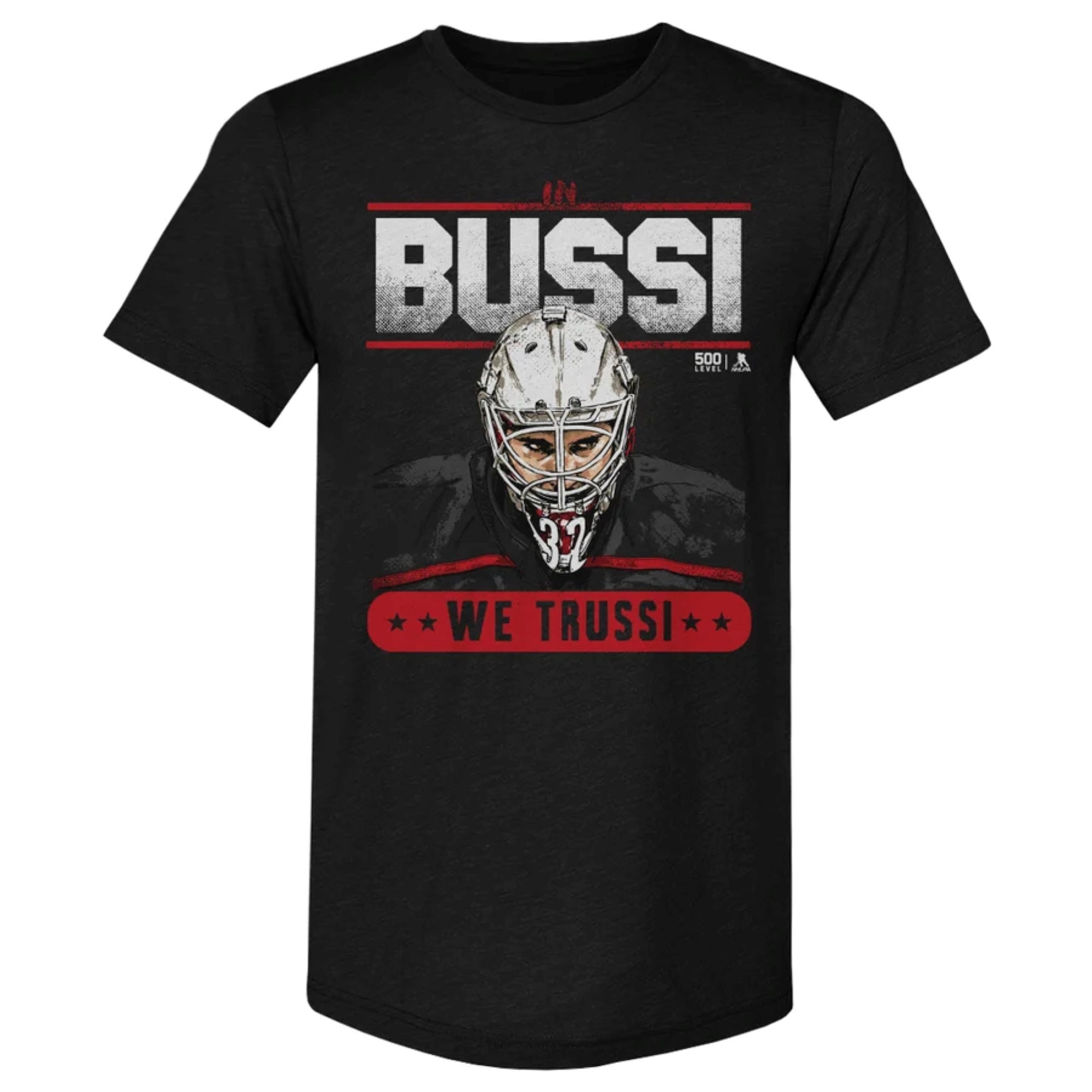 Black tee with art of Brandon Bussi, "IN BUSSI WE TRUSSI" in red/black/white around artwork
