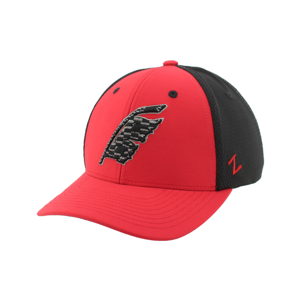 Front Left: Red hat, black back; art on front featuring Flags logo