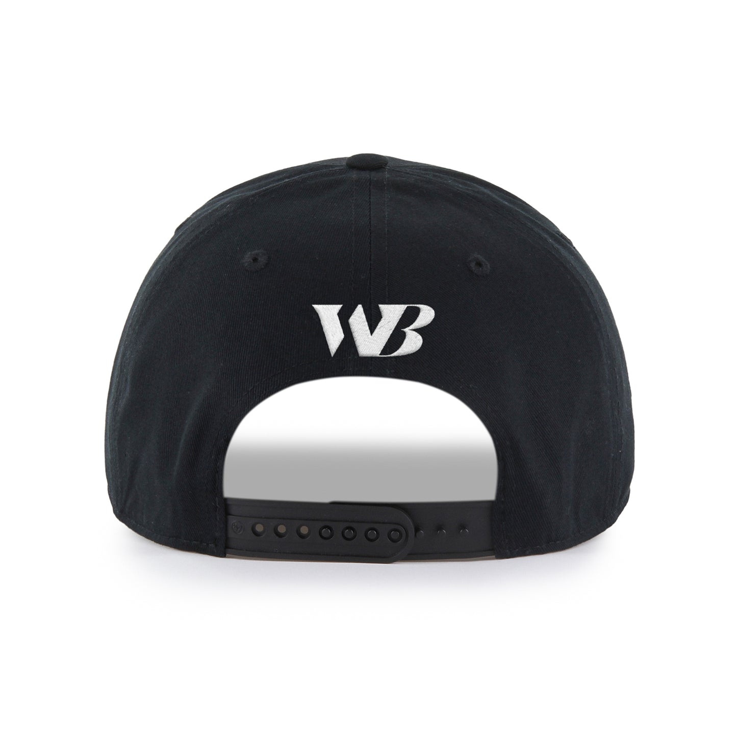 Back: Black hat, black snapback straps, Will Byron logo above straps