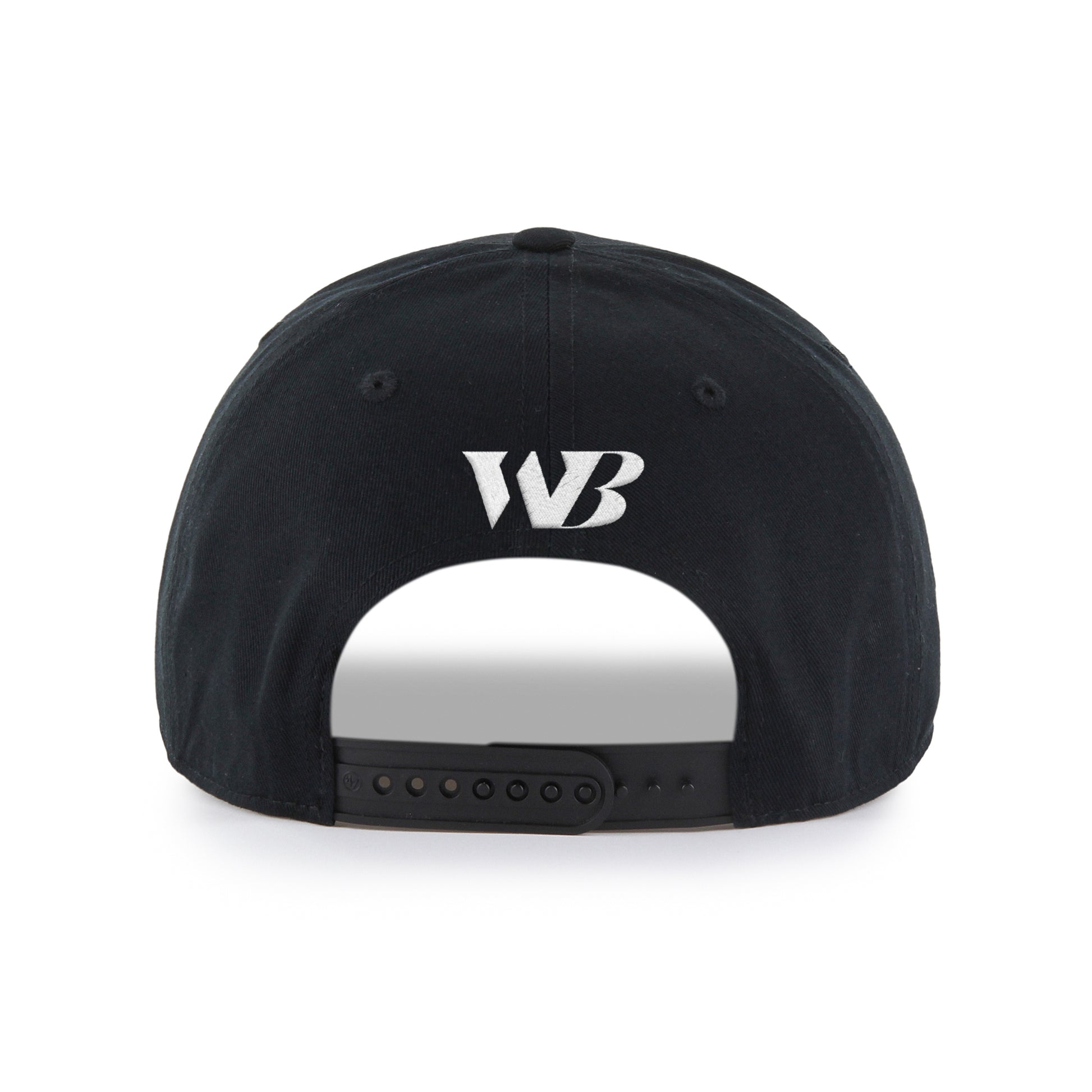 Back: Black hat, black snapback straps, Will Byron logo above straps