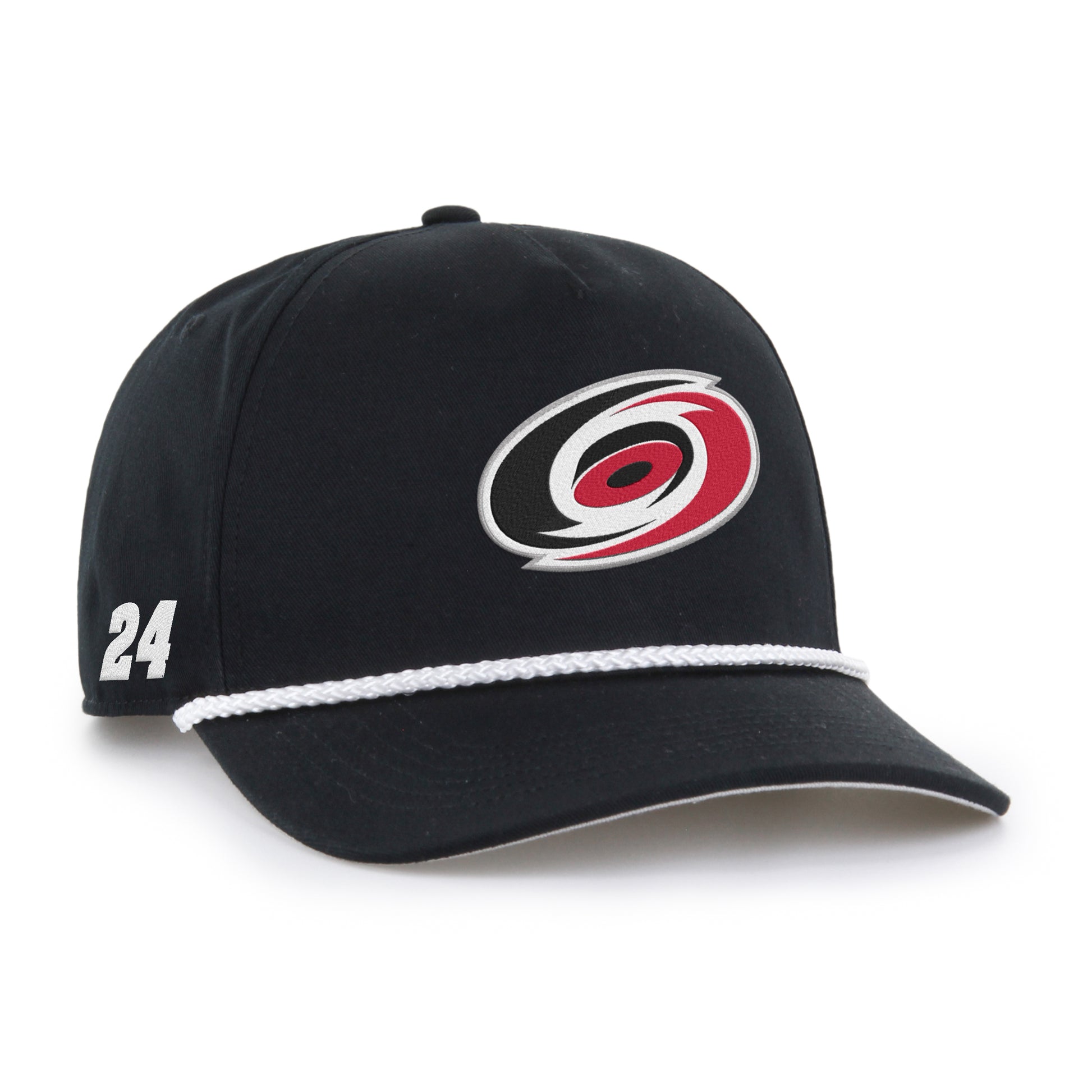 Right: Black hat, Primary logo on front, white rope on brim, "24" on right