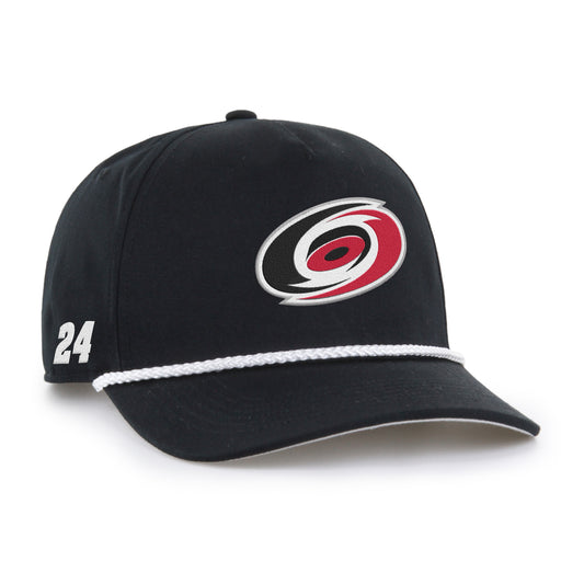Right: Black hat, Primary logo on front, white rope on brim, "24" on right