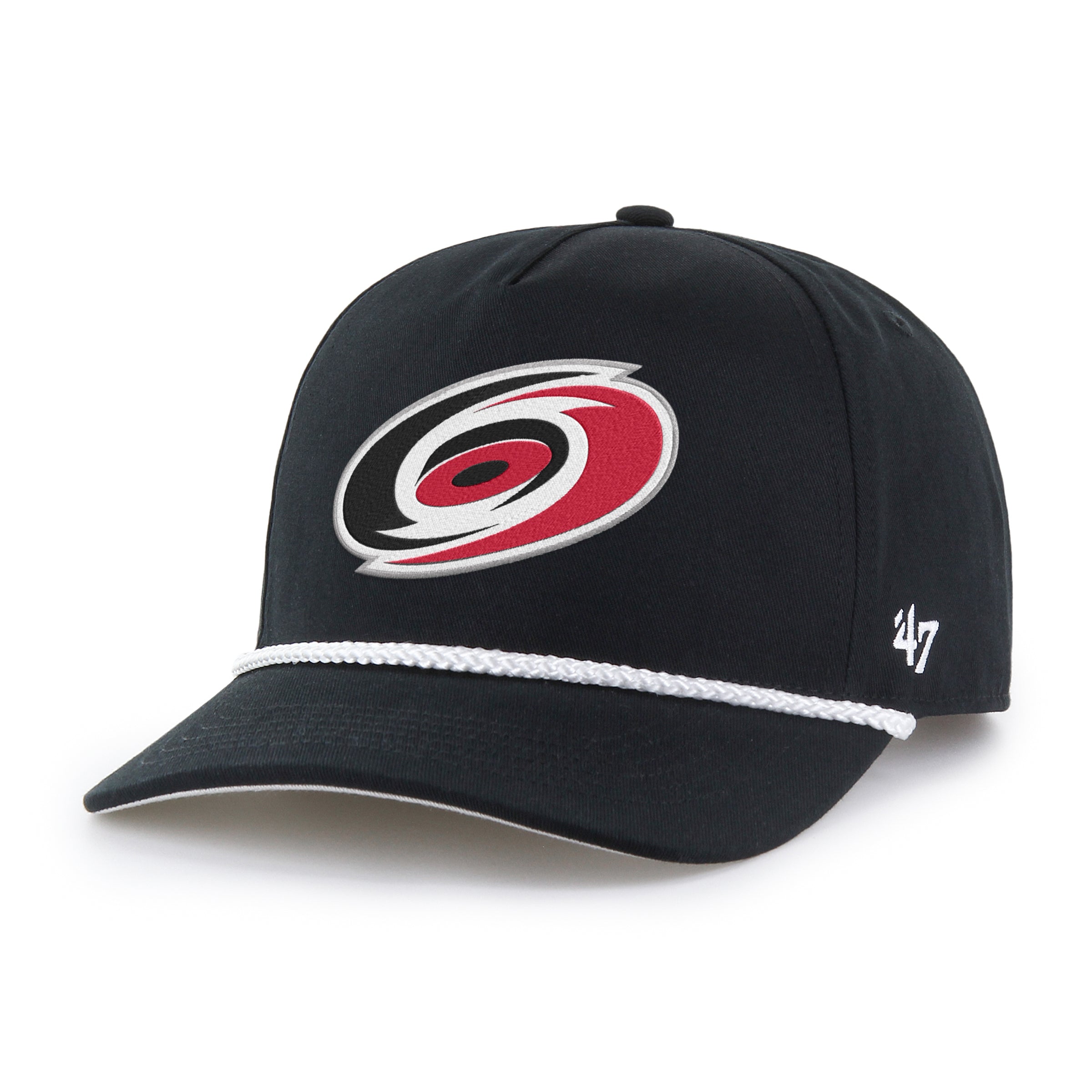 Left: Black hat, Primary logo on front, white 47 logo on left