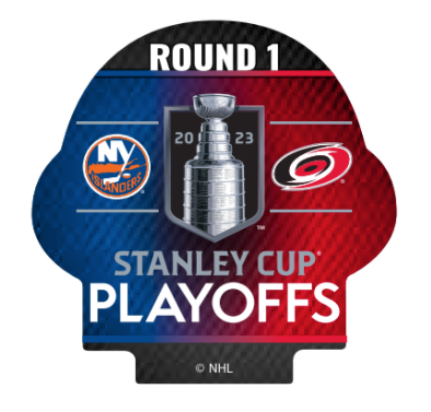 Red and Blue Pin with Hurricanes and Islanders logos and Round 1 Stanley Cup Playoffs.