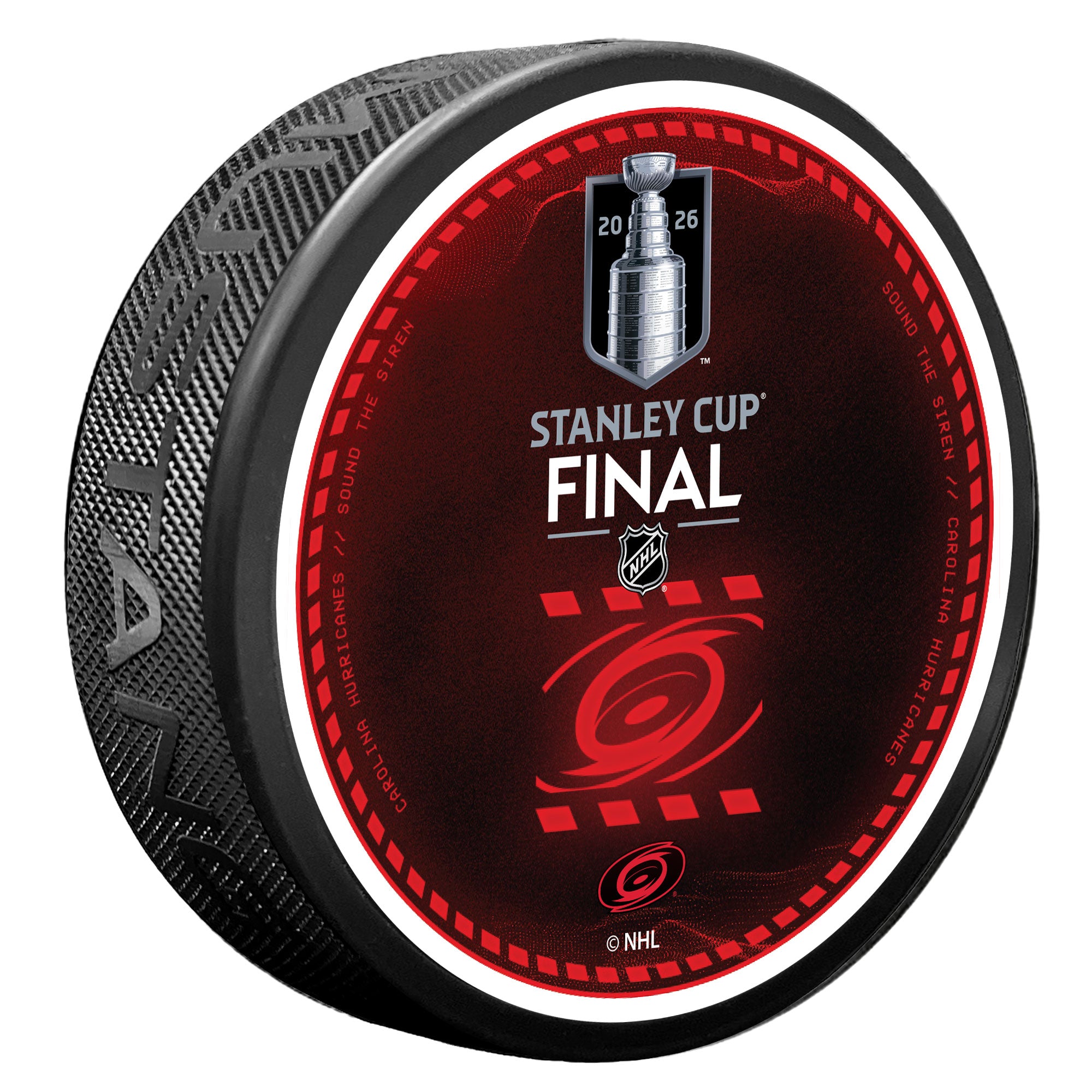2026 Stanley Cup Final puck featuring Primary logo in red over red/black background