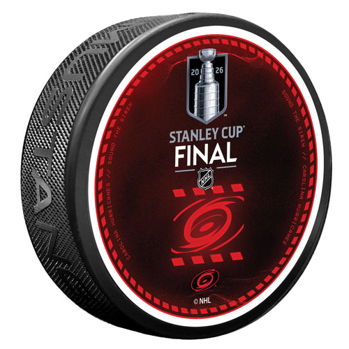 2026 Stanley Cup Final puck featuring Primary logo in red over red/black background