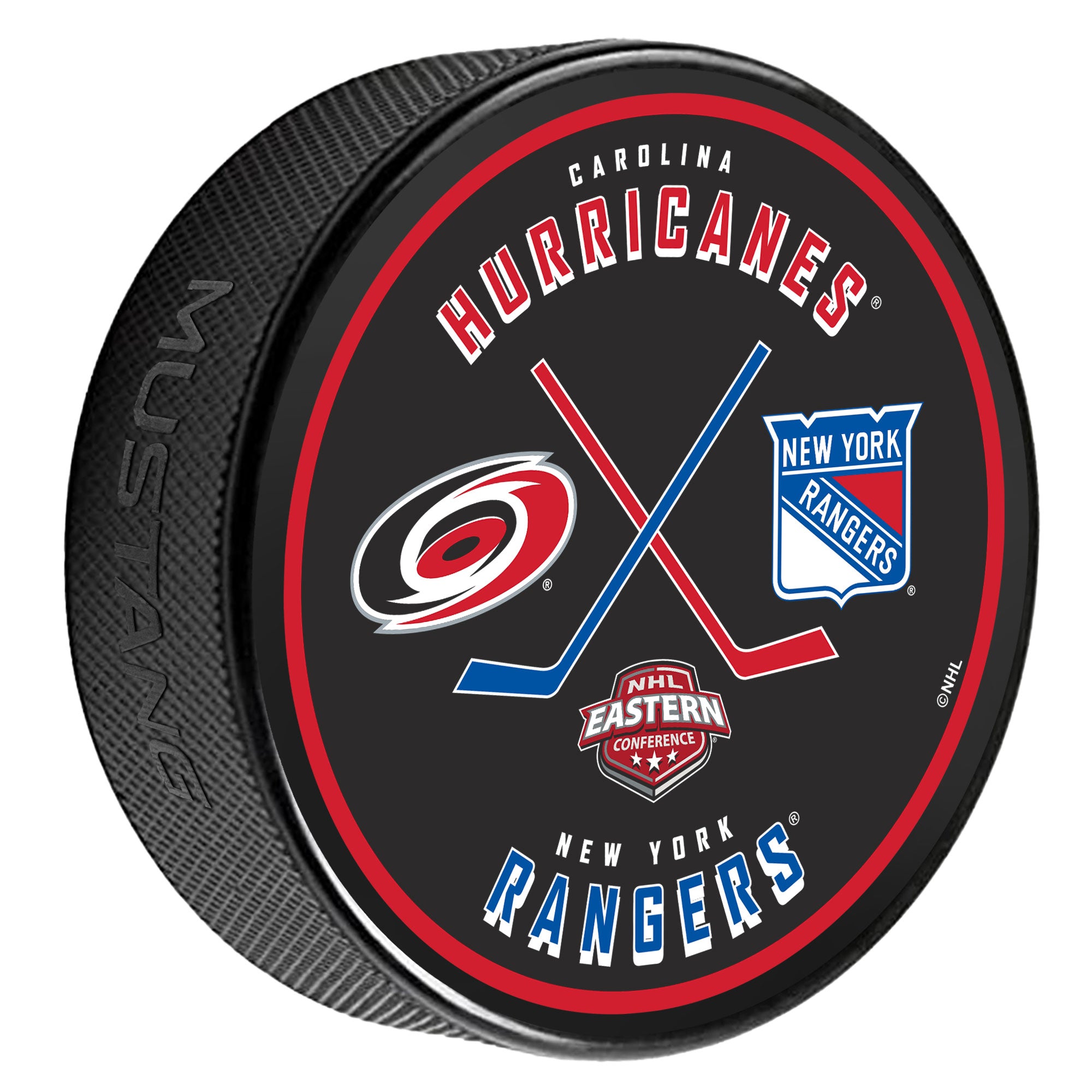 Matchup puck of Carolina Hurricanes and New York Rangers with red/blue cross-sticks