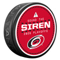 Red puck, "SOUND THE SIREN" logo; "2026 Playoffs" in white with Primary logo below