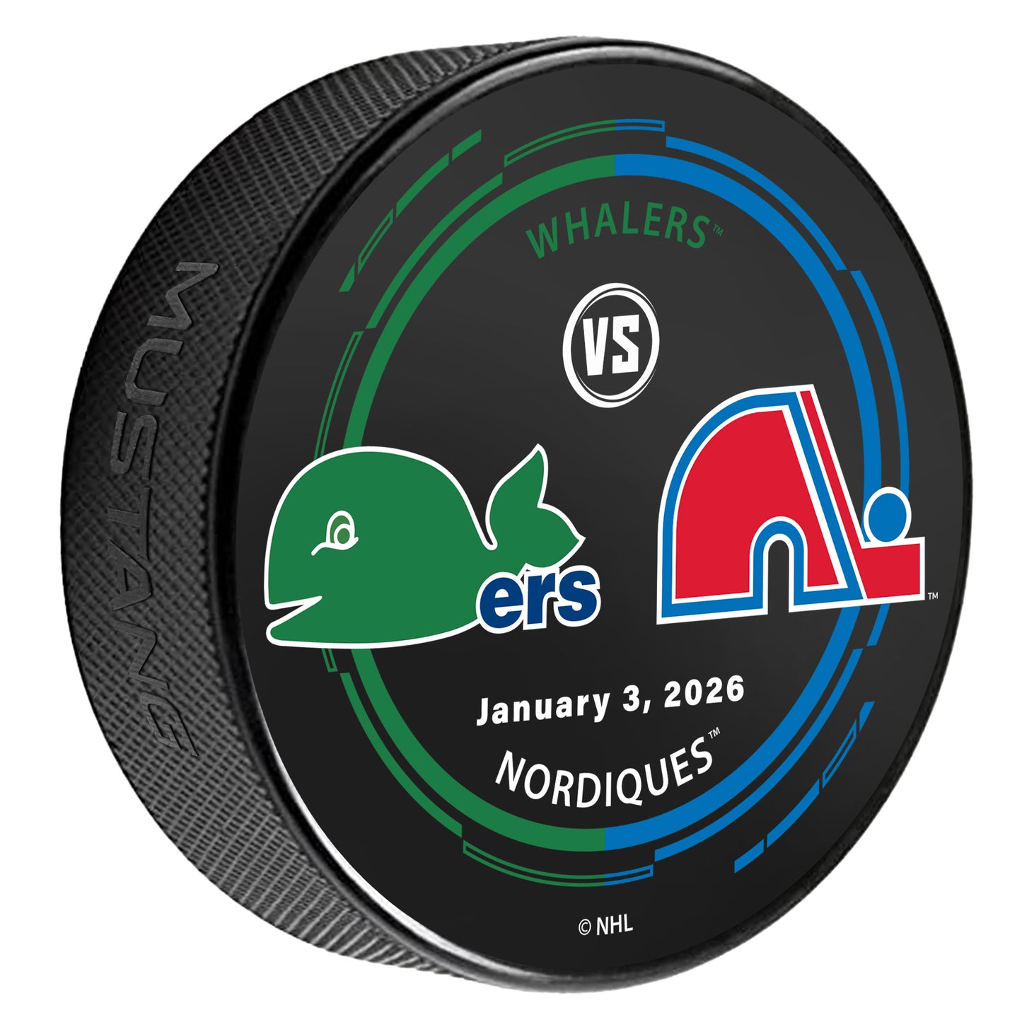 Matchup puck featuring Whalers and Nordiques, dated "January 3, 2026",  blue/green striping