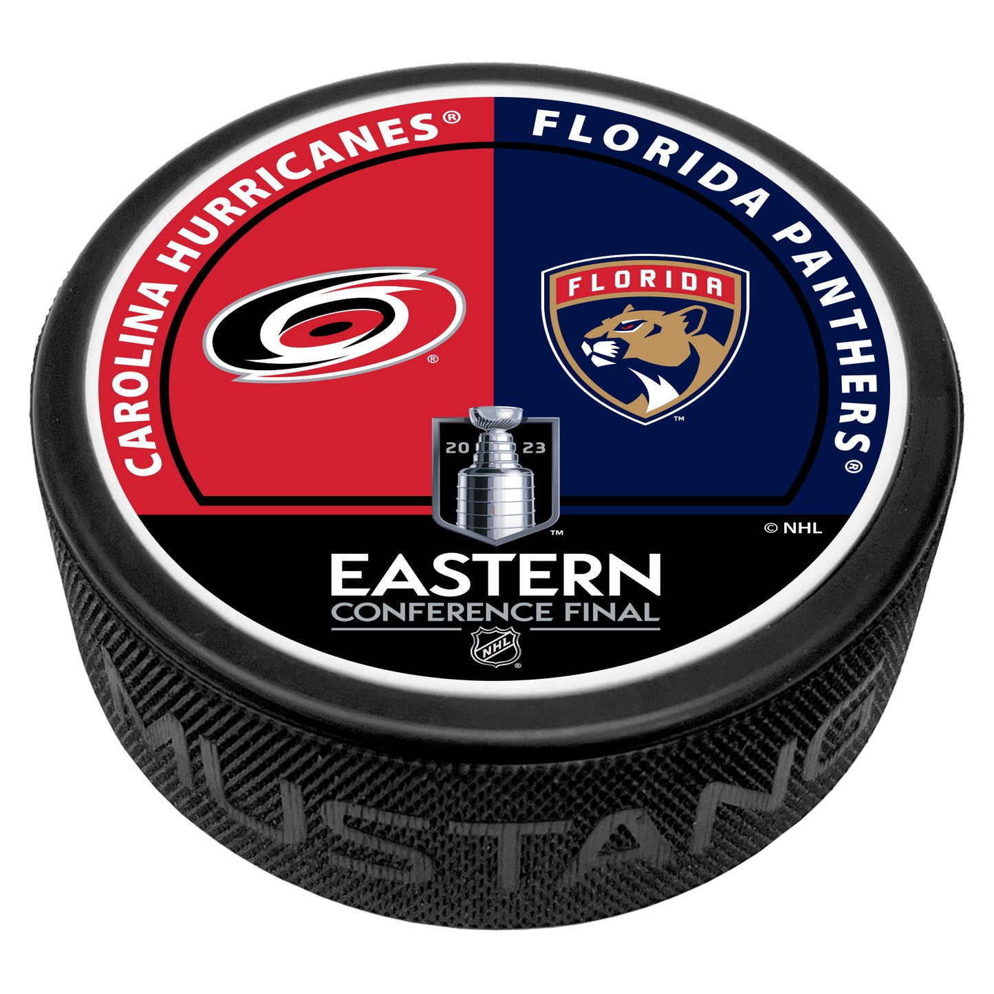 Hockey puck with the Carolina Hurricanes and Florida Panthers' respective logos and the NHL 2023 Eastern Conference Final logo on a red, blue and black top face.