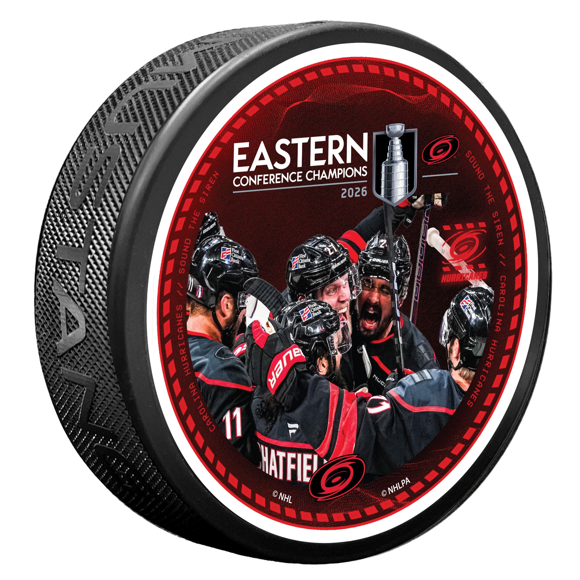 "EASTERN CONFERENCE CHAMPIONS" at top, photo of 5 players celebrating beneath over red background