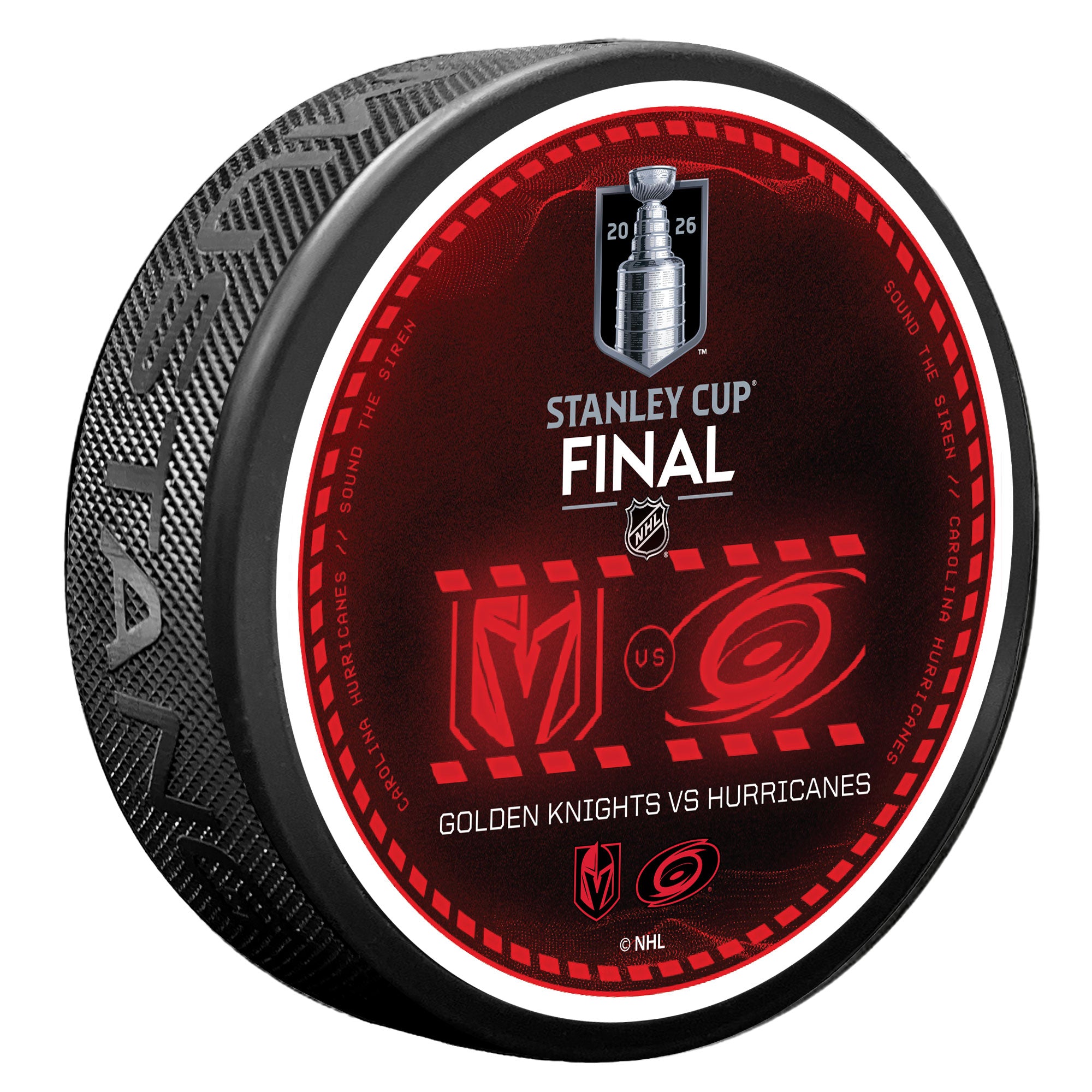 Hurricanes/Golden Knights Stanley Cup Final matchup puck featuring both team's logos in red