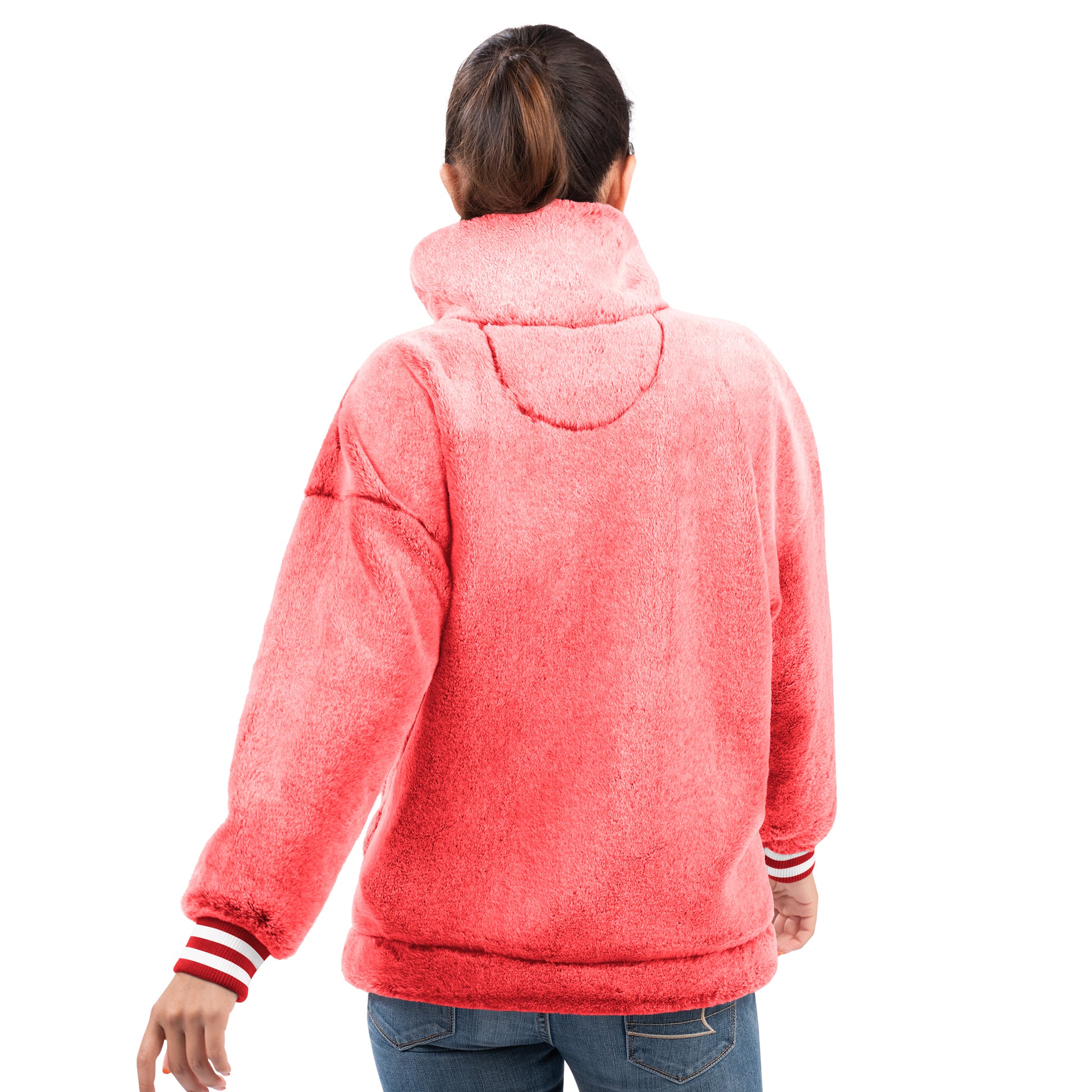 Back: Fluffy red quarter zip with cuffed wrists featuring 2 white stripes