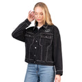 Front: Black denim jacket with studs throughout, silver/black Primary logo on left chest