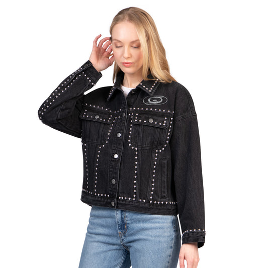 Front: Black denim jacket with studs throughout, silver/black Primary logo on left chest