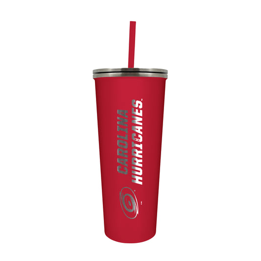 Red tumbler and straw with Carolina Hurricanes and logo etched in gray.