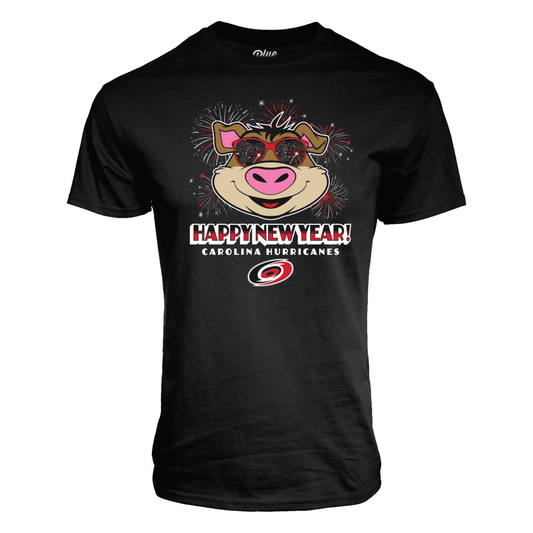 Black tee, "Happy New Year! Carolina Hurricanes" with art of Stormy wearing glasses