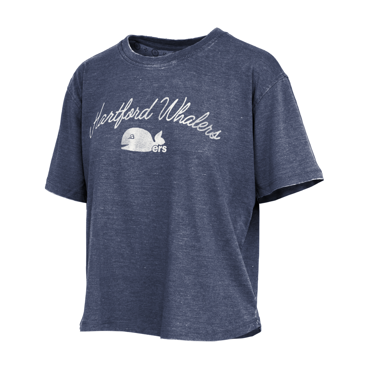 Navy tee, "Hartford Whalers" in white in cursive with white Pucky Whalers logo beneath