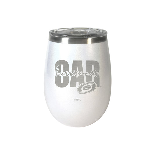 White wine tumbler with "CAR Hurricanes" etched in gray.