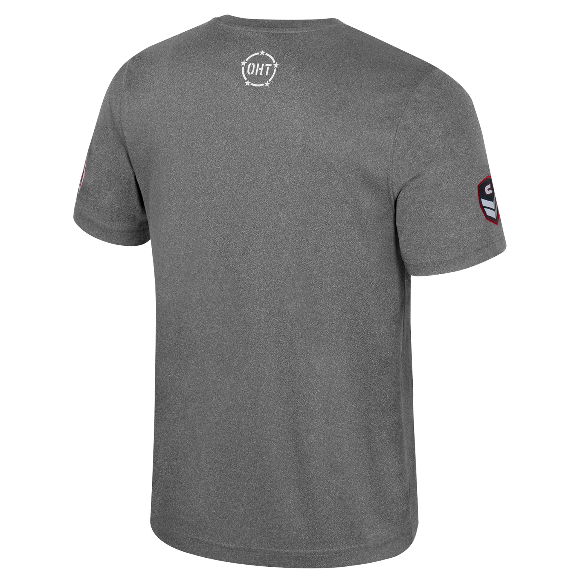 Back: OHT logo at back neckline, American flag logo on left sleeve, Colosseum badge on right sleeve
