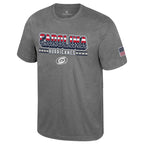 Front: Gray tee, "CAROLINA" in American flag pattern,  "Hurricanes" in white, whiteout Primary logo beneath