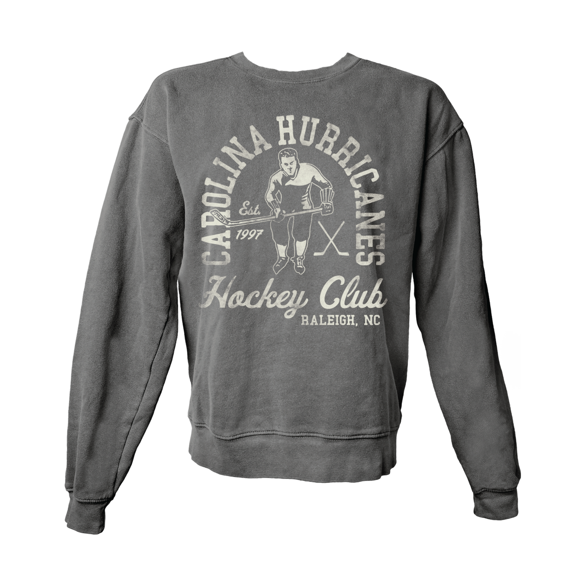 Gray crewneck, retro hockey player art with "CAROLINA HURRICANES Hockey Club Est. 1997 Raleigh NC" in white